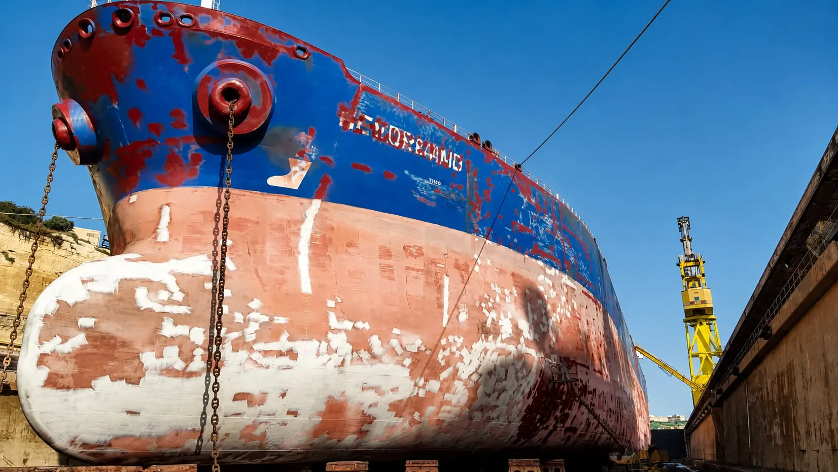 Hull bottom of a ship in dry dock: the coating has been removed on the deteriorated areas and the bare patches primed, visible as the lighter marks