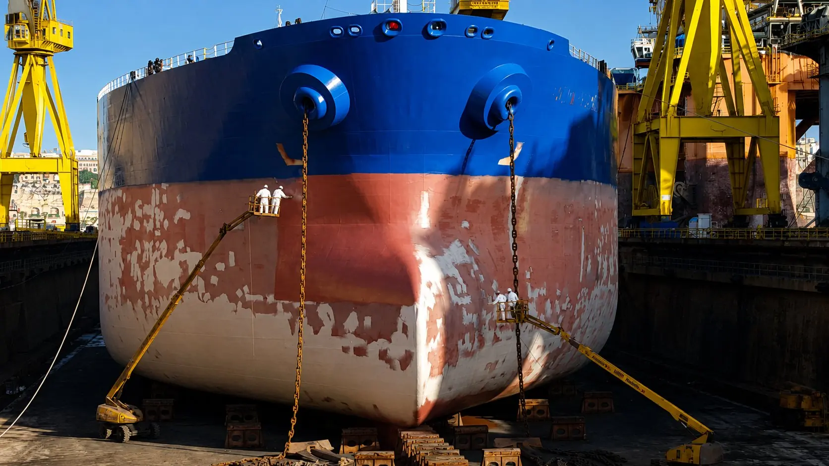 Bow of a ship in dry dock during work on the coating system, with elevating platforms and yard cranes