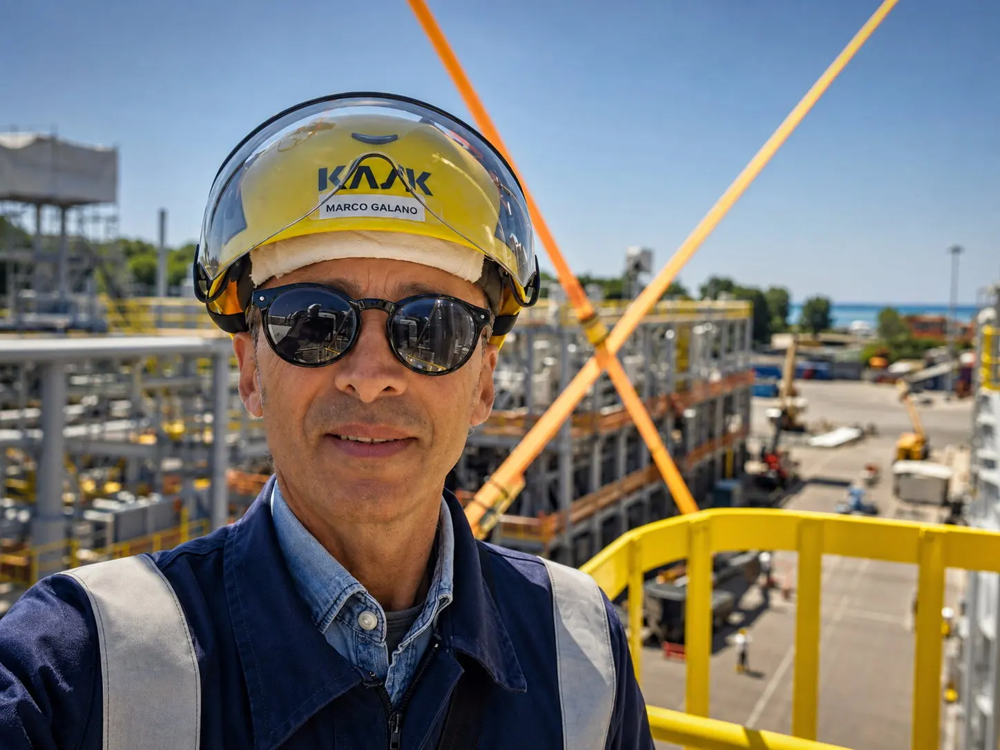 Capt. Marco Galano su una passerella sopraelevata di un cantiere industriale costiero, con moduli metallici in costruzione sullo sfondo